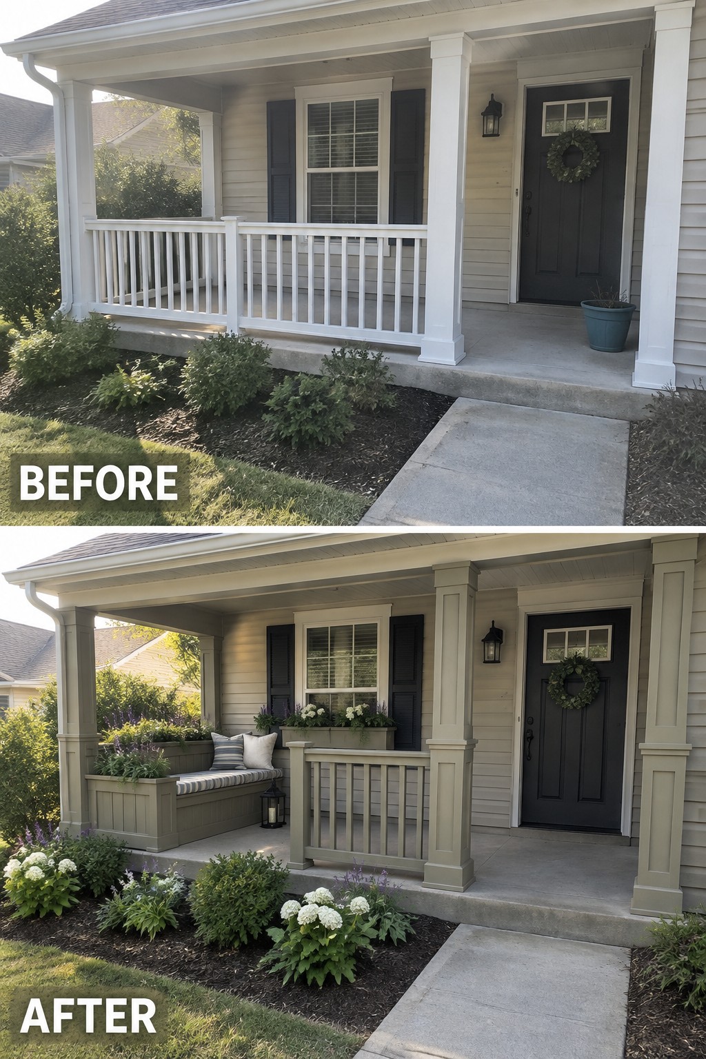 Before and after porch renovation with new bench, flower boxes, and landscaping