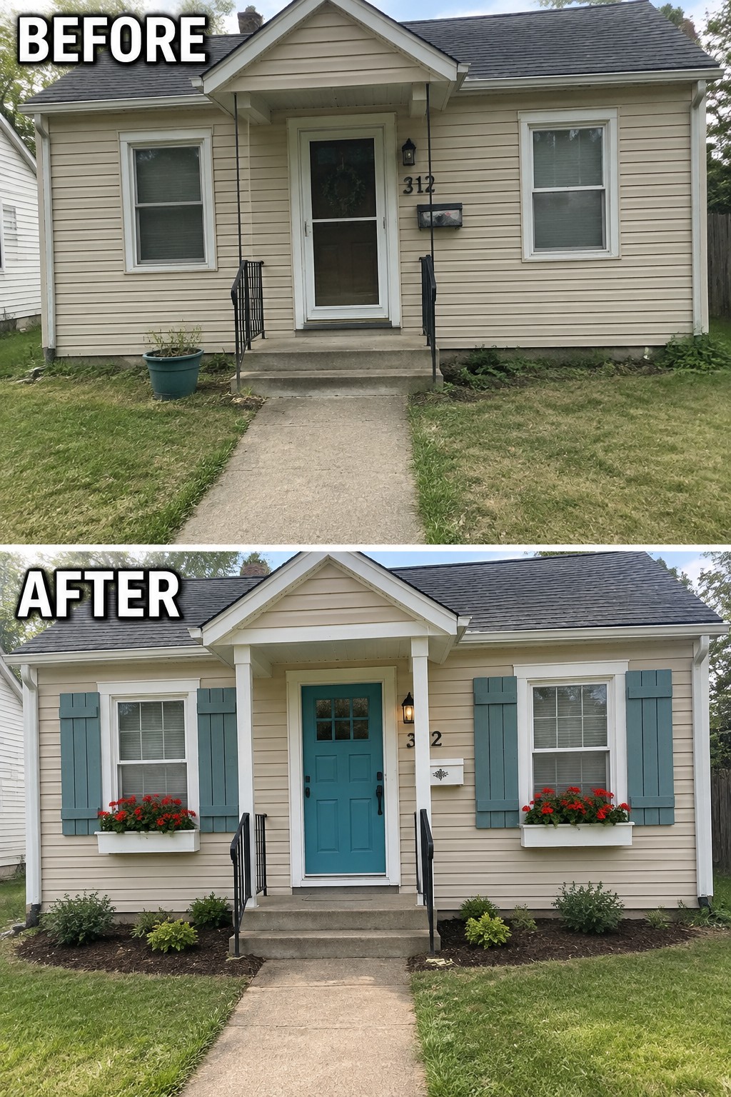 Before-and-after image of a plain beige house exterior updated with teal shutters, a teal front door, and flower boxes filled with red blooms.