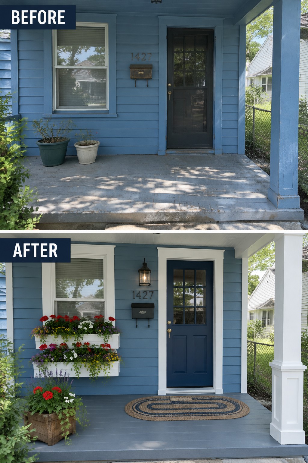 Before-and-after views of blue house porch with flower boxes, new door and white trim