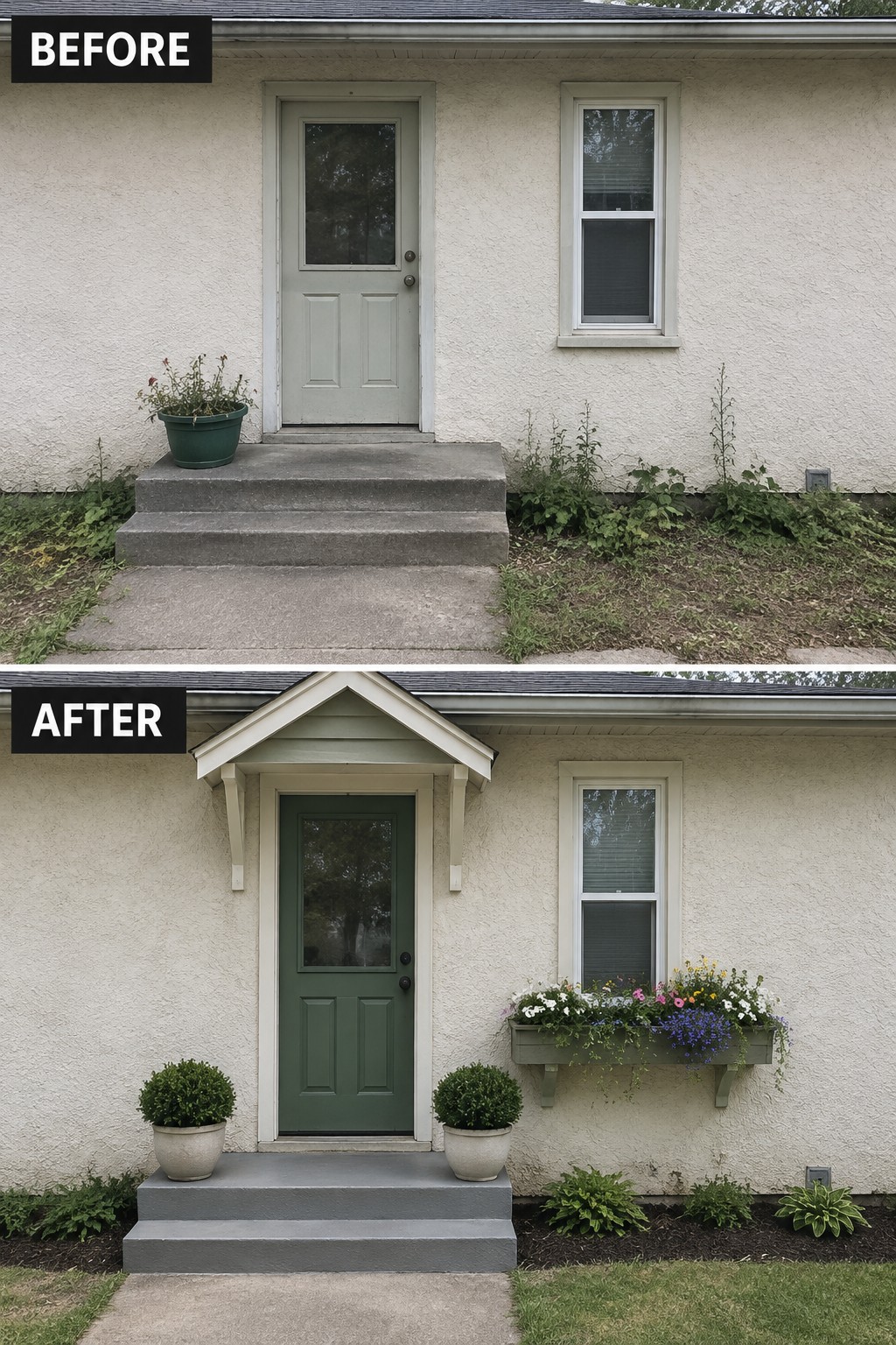 Before and after of house entry with green door, steps, flower box and landscaping
