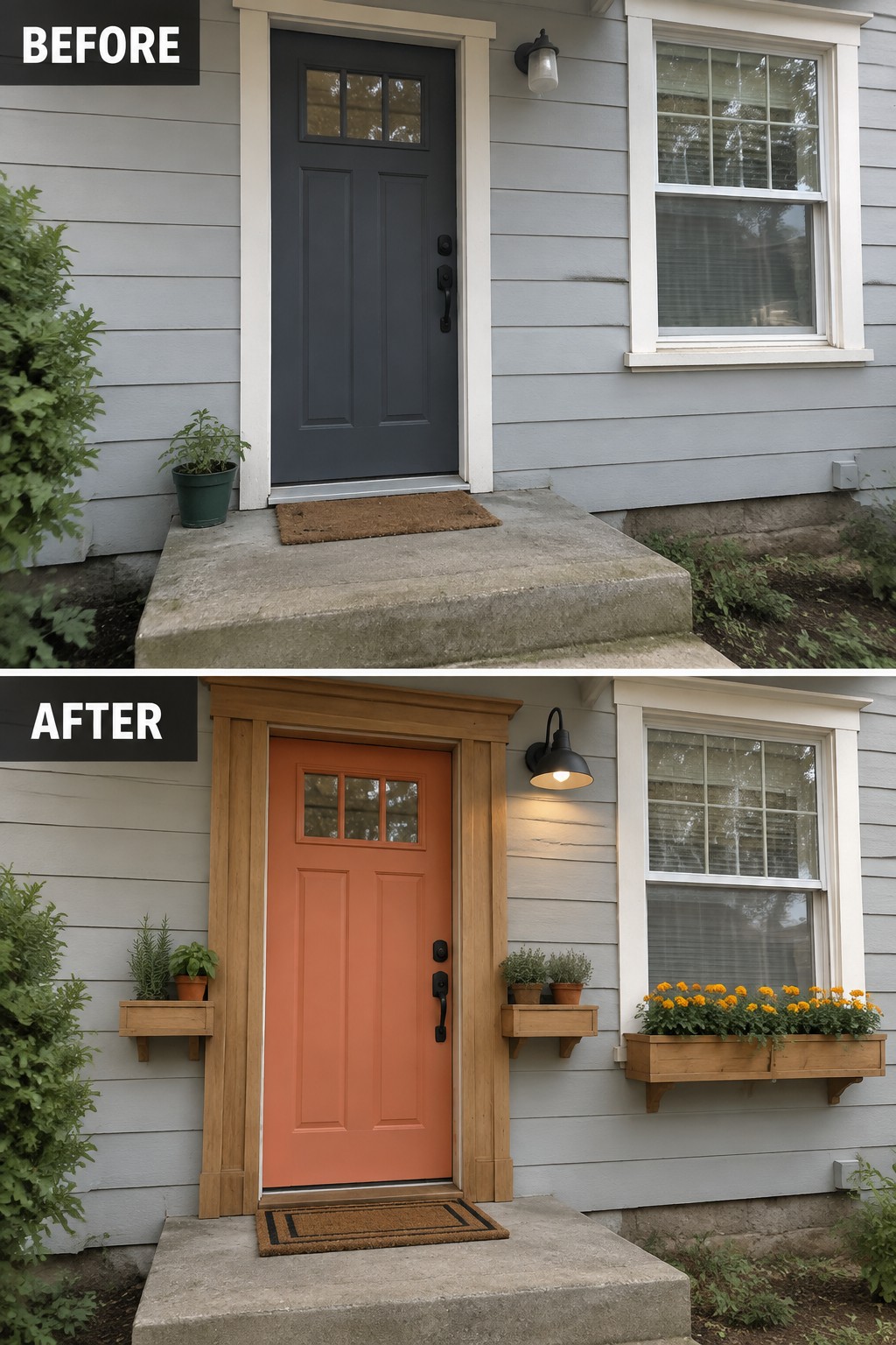 Before-and-after photos of a front door changed from dark gray to orange with wood accents.