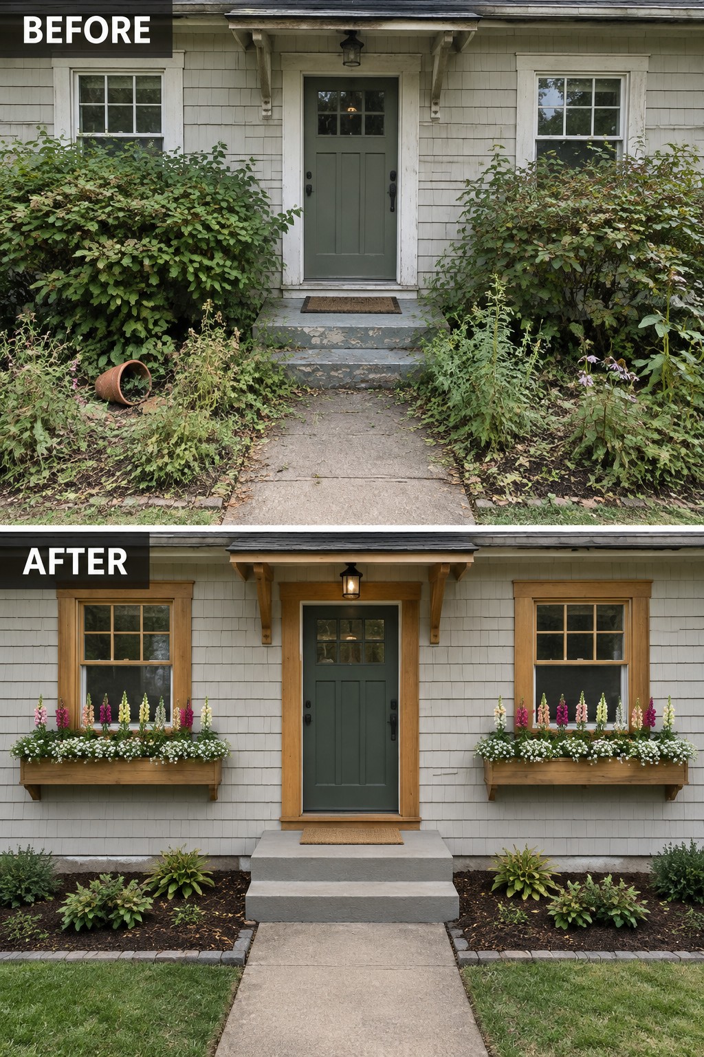 Before-and-after image of a cottage front entry with overgrown planting changed to a clean facade featuring wood trim around the door and windows plus flower boxes.