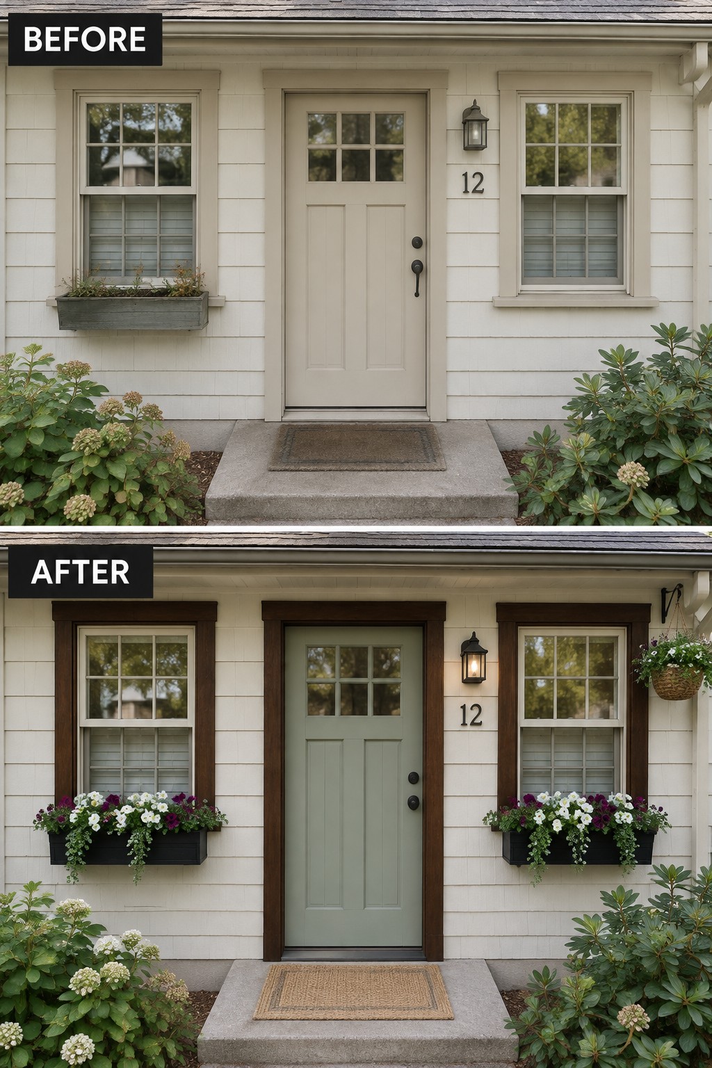 Before and after of house entrance with updated green door, dark trim, and flower boxes