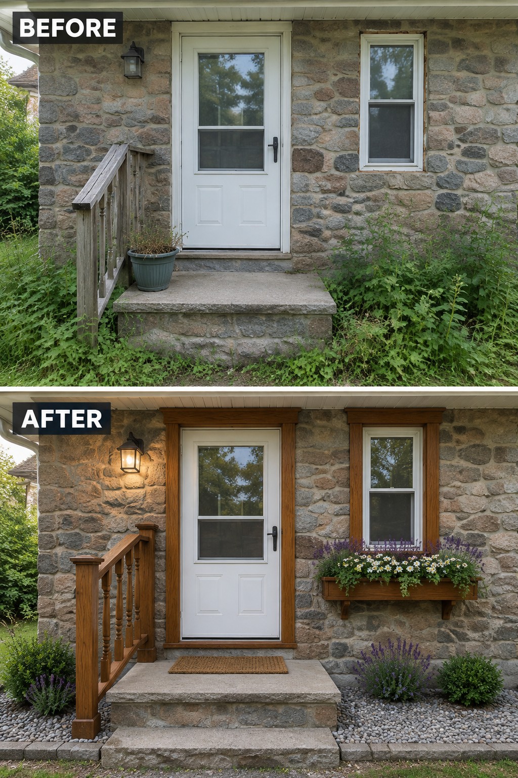 Before and after stone house entrance with new wood trim, flowers, and landscaping.
