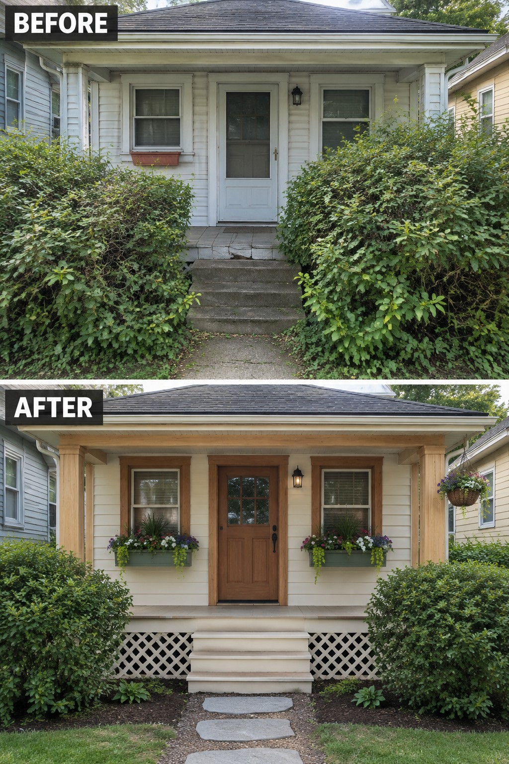 Before and after of a house porch renovation with new wooden door and flower boxes.