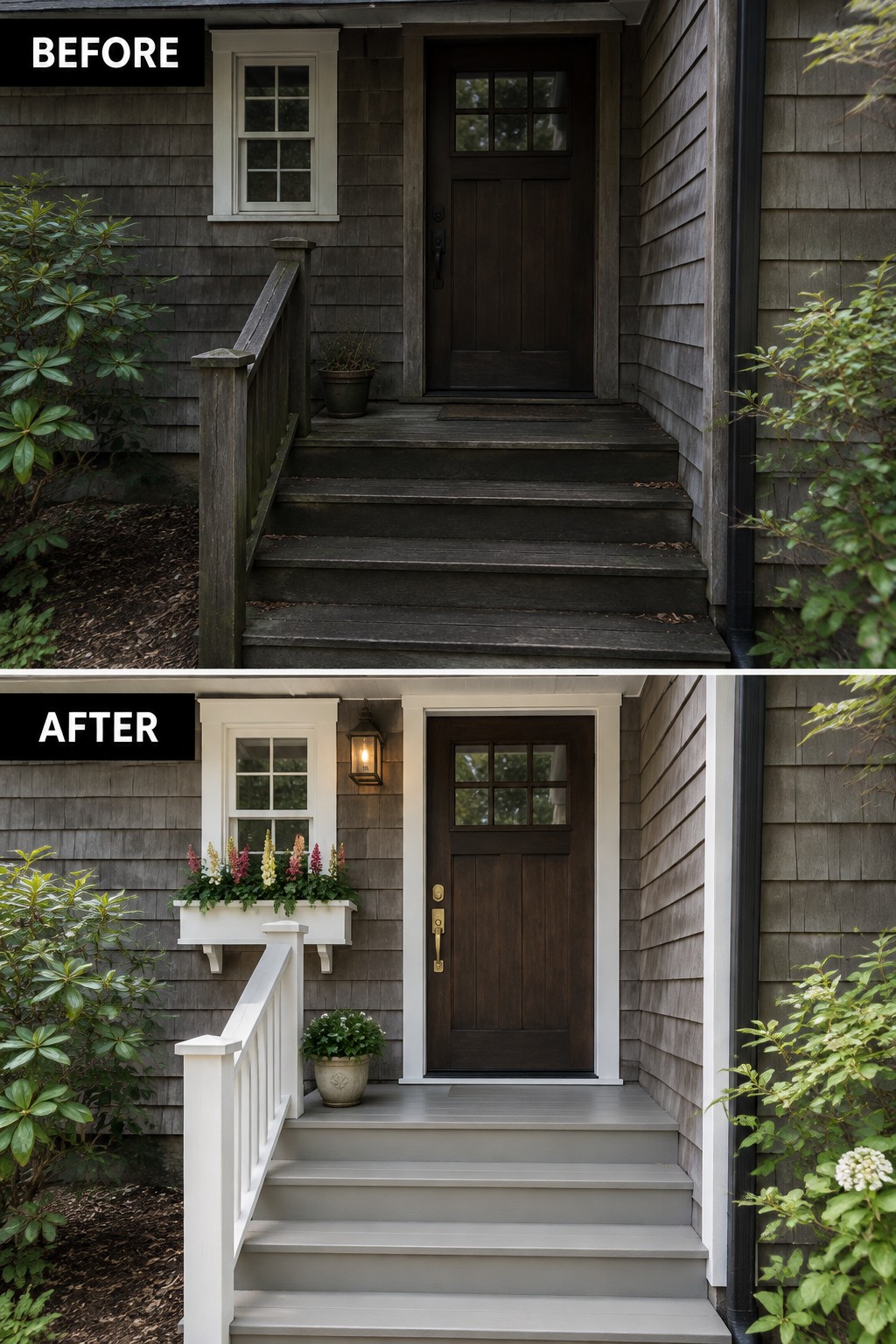 Before-and-after image of a dark wooden front porch updated with white painted trim, a flower box, and new lighting.