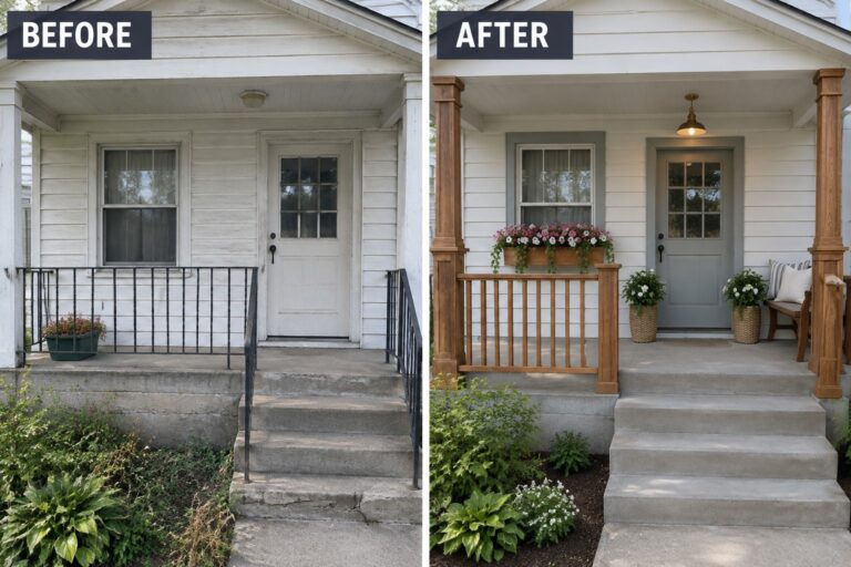19 Charming Cottage Front Porch Makeover Ideas With Flower Boxes and Wood Trim Before and after house porch with wooden railings, flower box, and gray door
