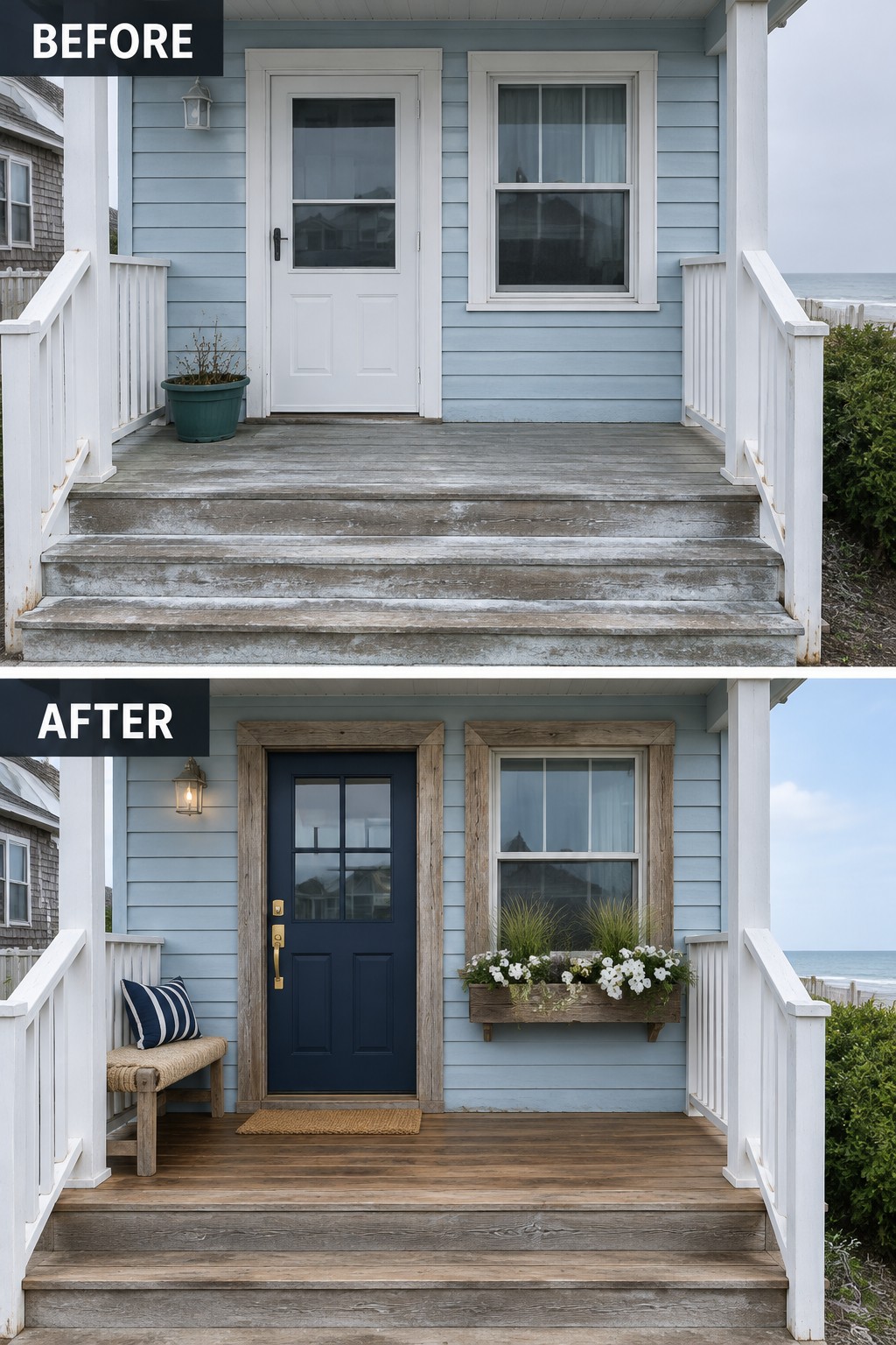 Beach house porch before and after with navy door, wood trim, and flowers.