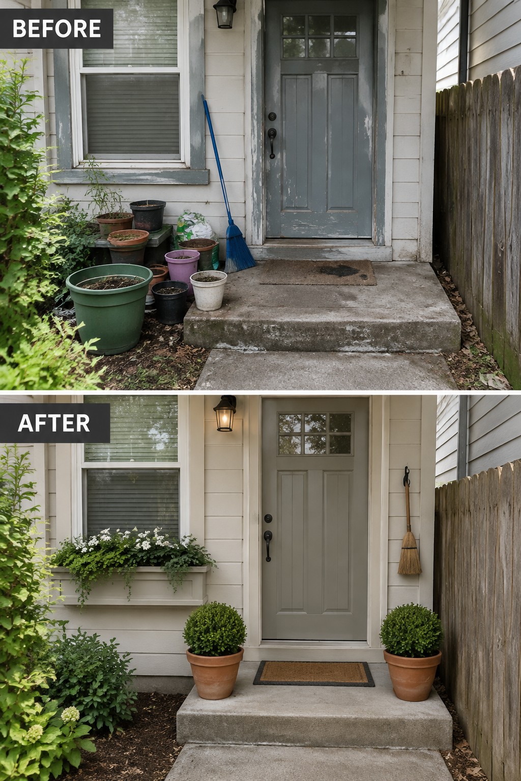 Before-and-after image of a cluttered front entry cleaned up with matching planters on either side of the steps and a flower box added under the window.