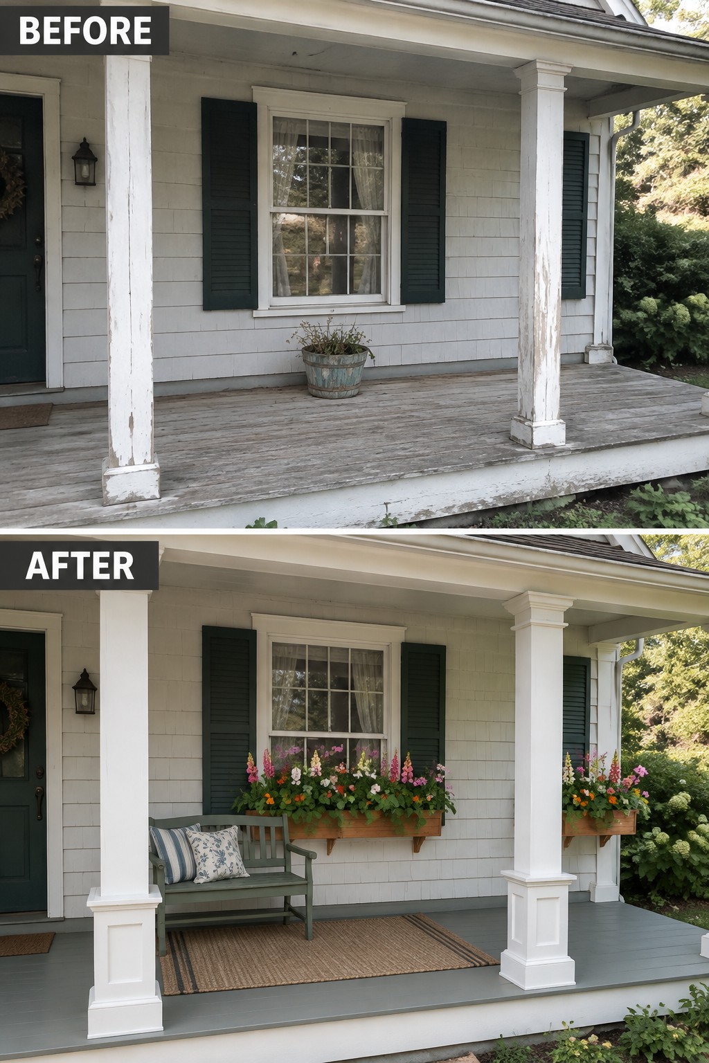 Before and after porch renovation with fresh paint, bench, rug and flower boxes.