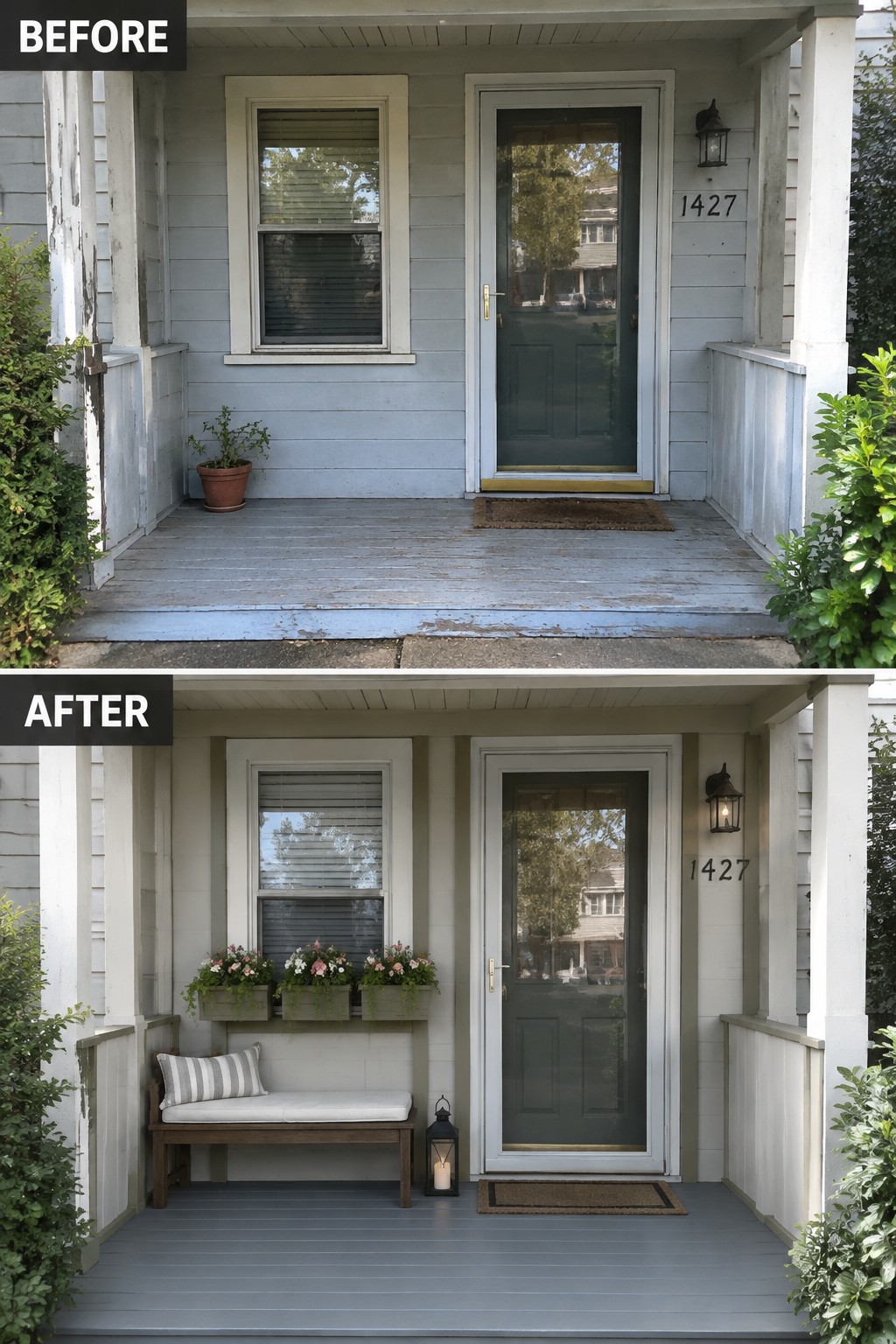 Before and after of renovated porch with bench, flowers, and fresh paint.