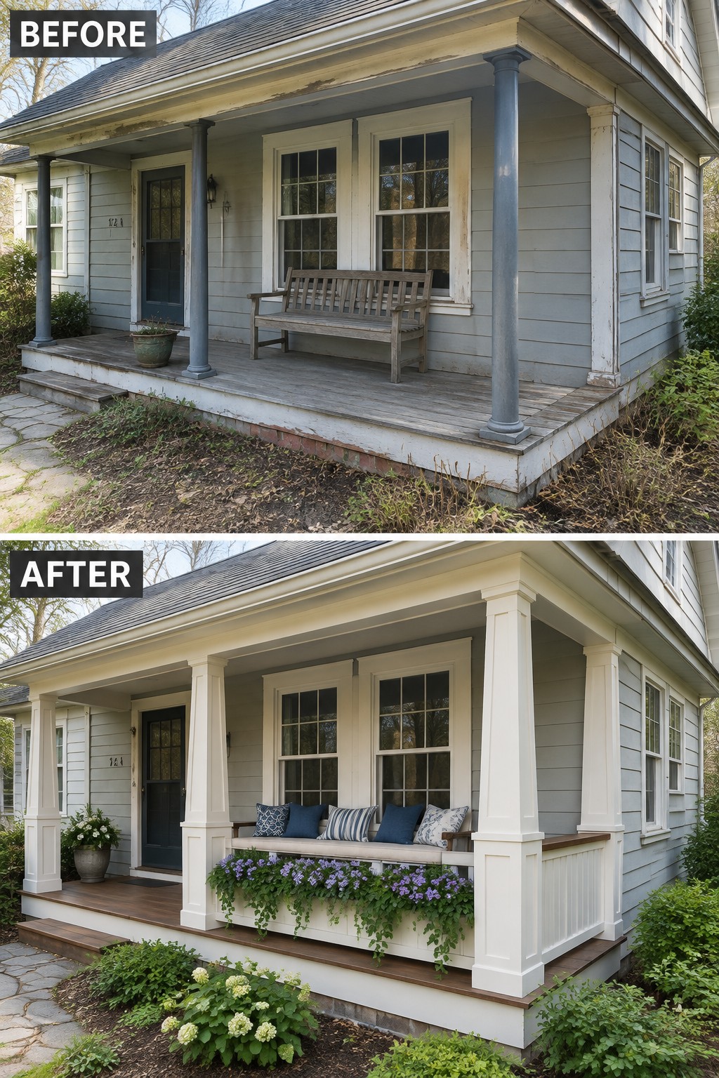 Before and after porch renovation with white columns, cushioned bench, and flowers.