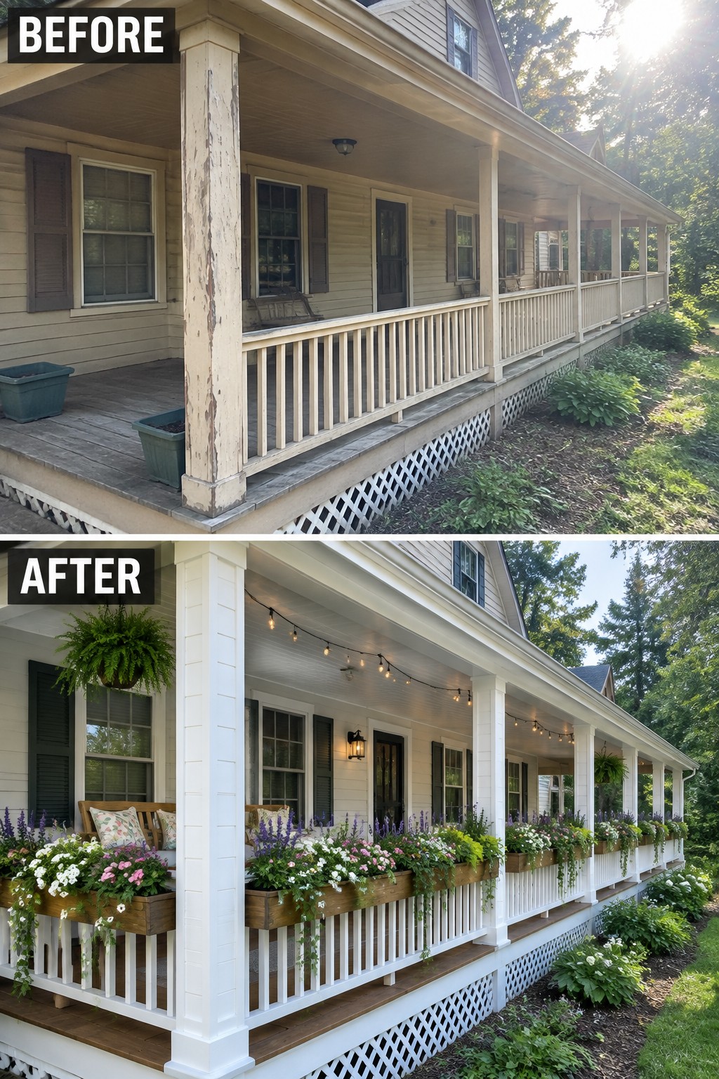Before-and-after porch renovation with fresh white paint, flowers, and string lights.