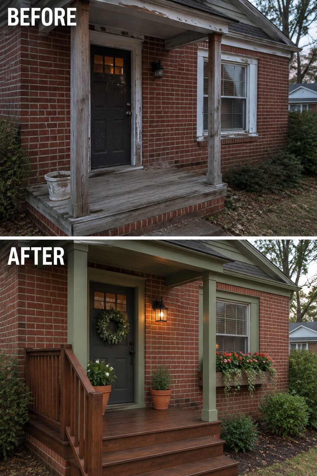 Before-and-after views of brick house porch renovation with green trim and wooden steps.