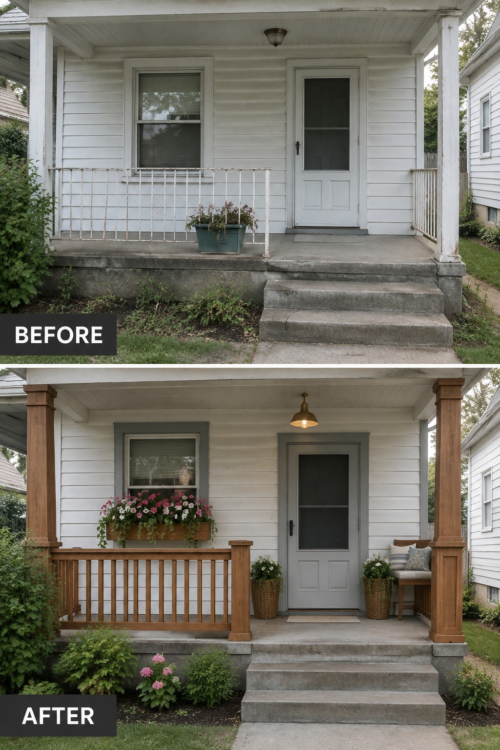 Before and after house porch with wooden railings, flower box, and gray door