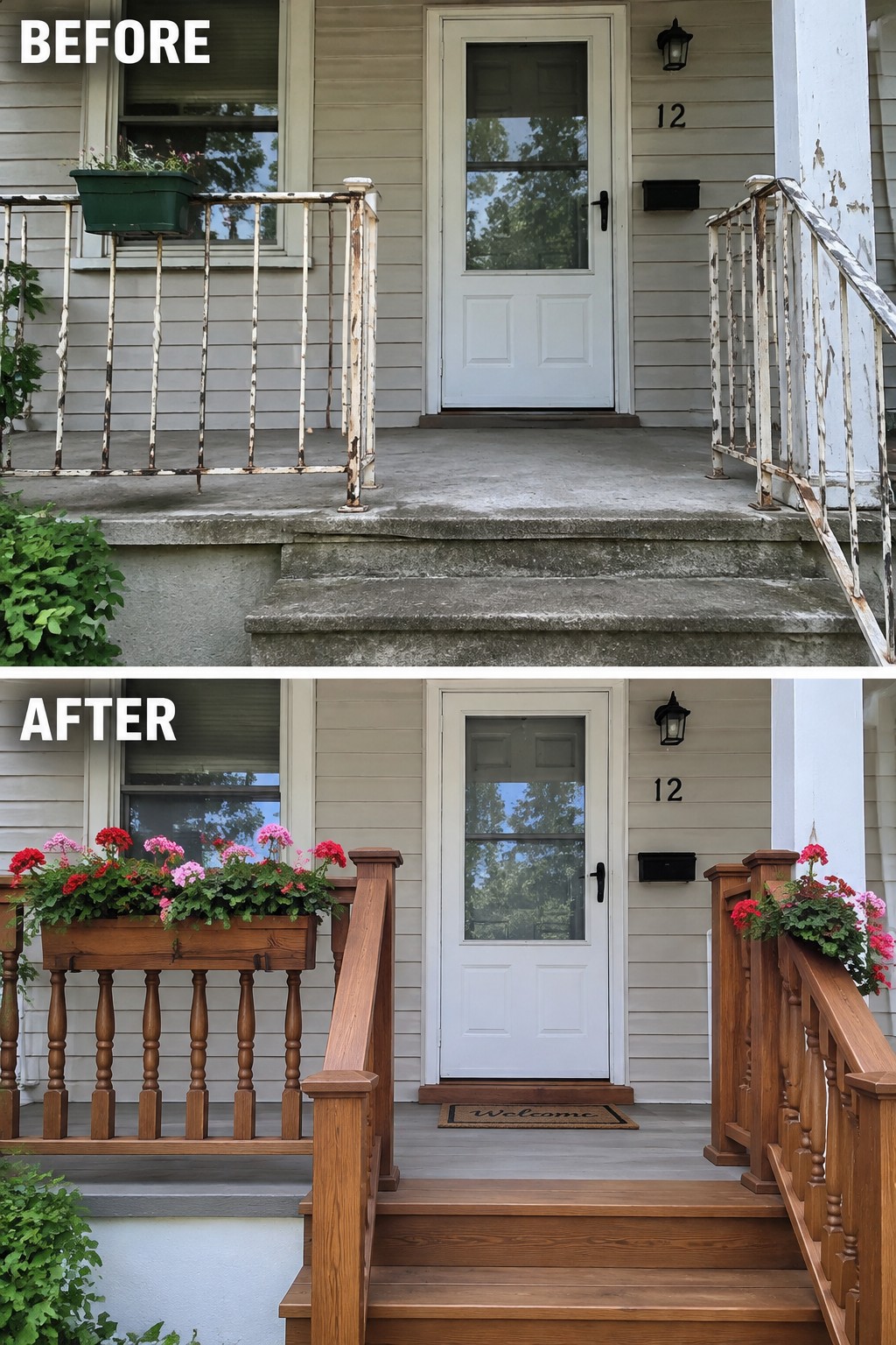 Before and after porch with new wooden railings, flower boxes, and stairs