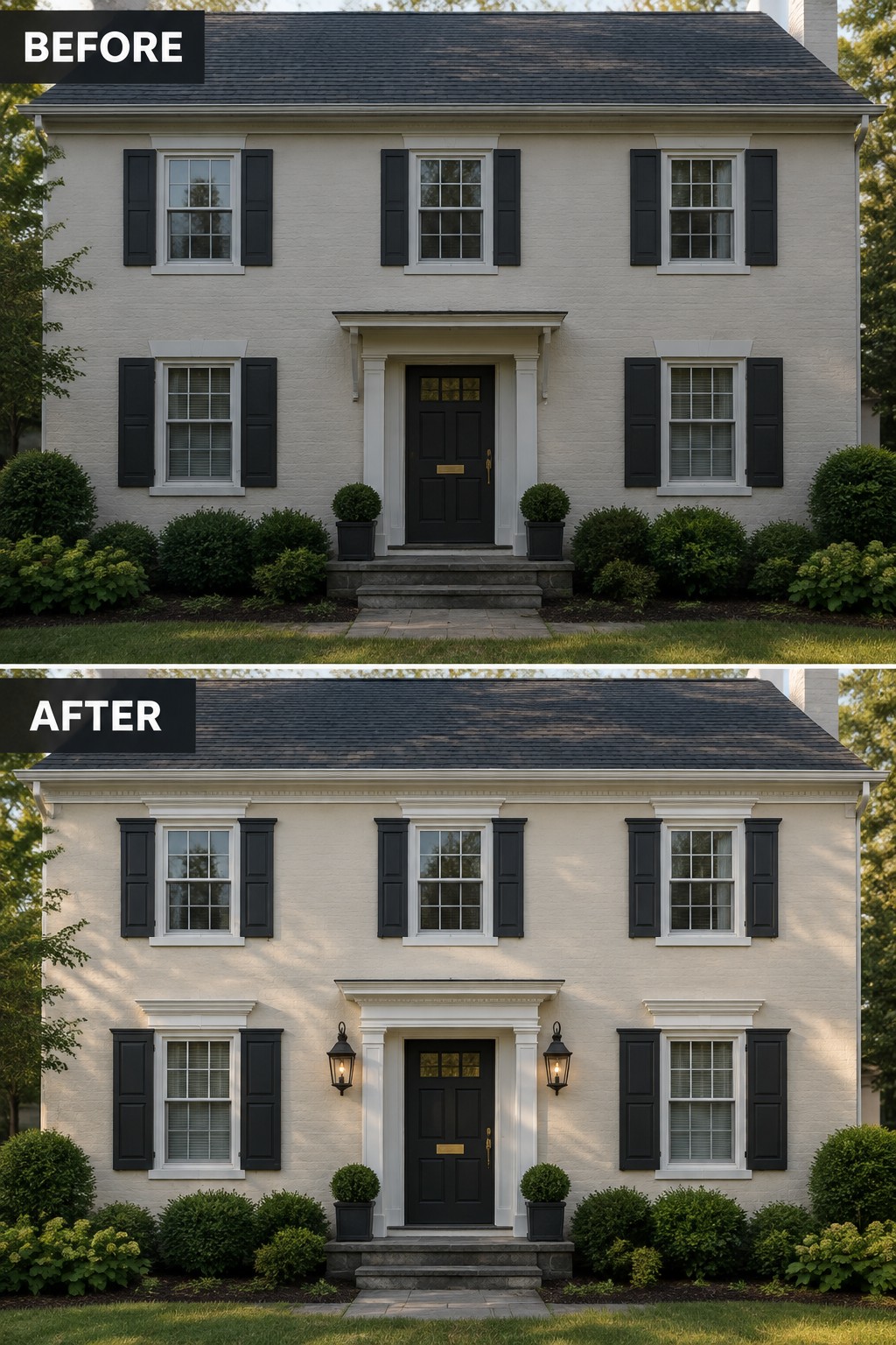 Two-story white house with black shutters before and after adding flanking lantern lights.