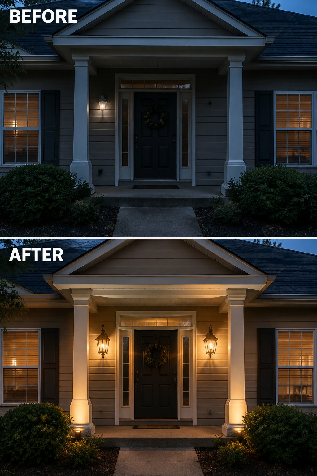 Before and after of house porch with upgraded warm exterior lighting at dusk.