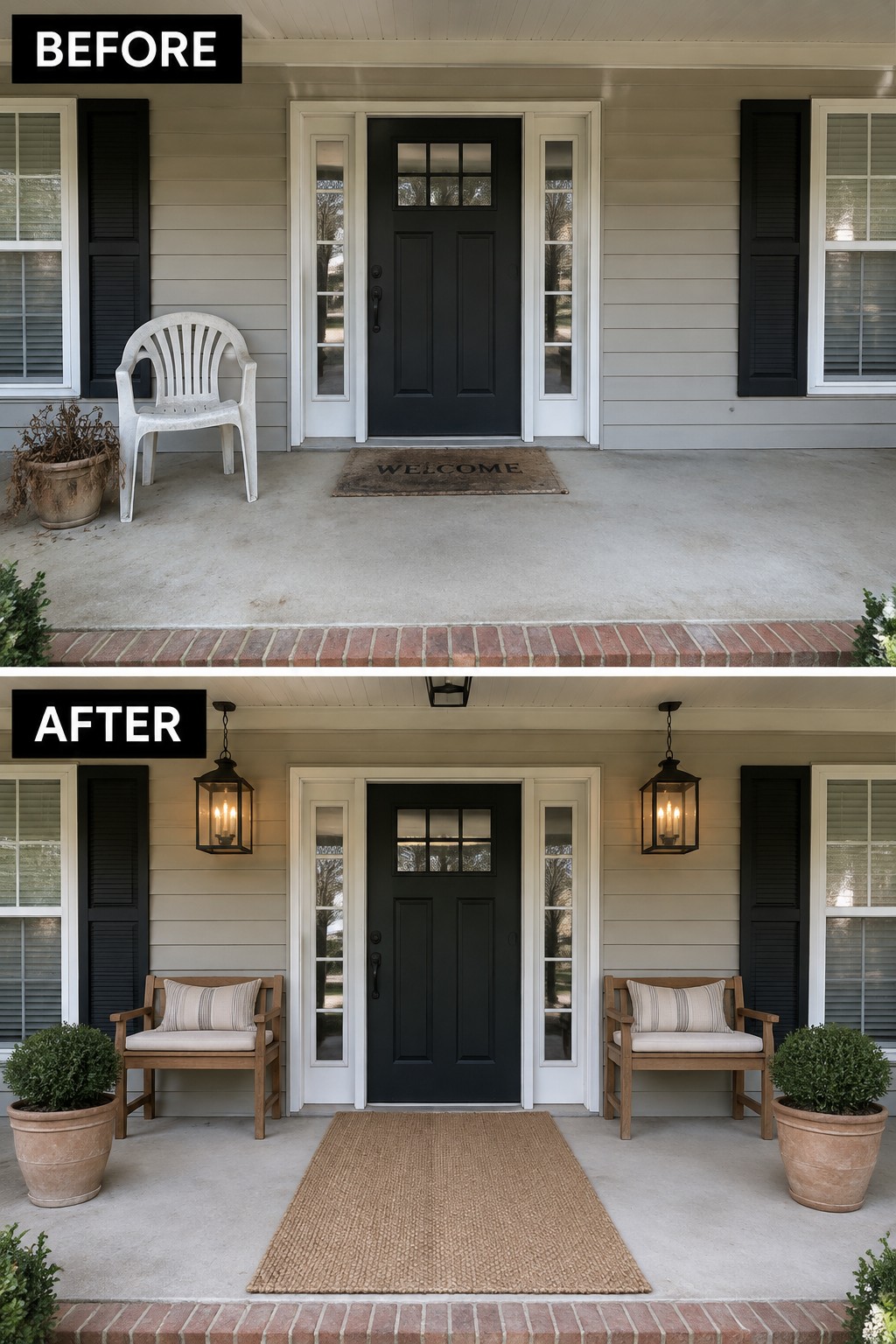 Before-and-after image of a front porch updated with symmetrical wooden seating and lanterns flanking the door.