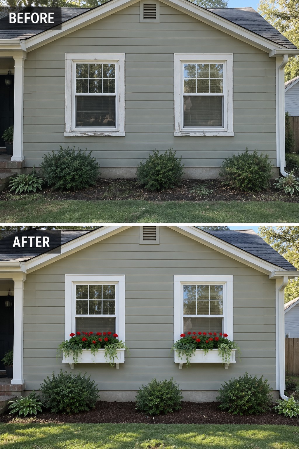 Before and after views of house with red flowers added in window boxes.