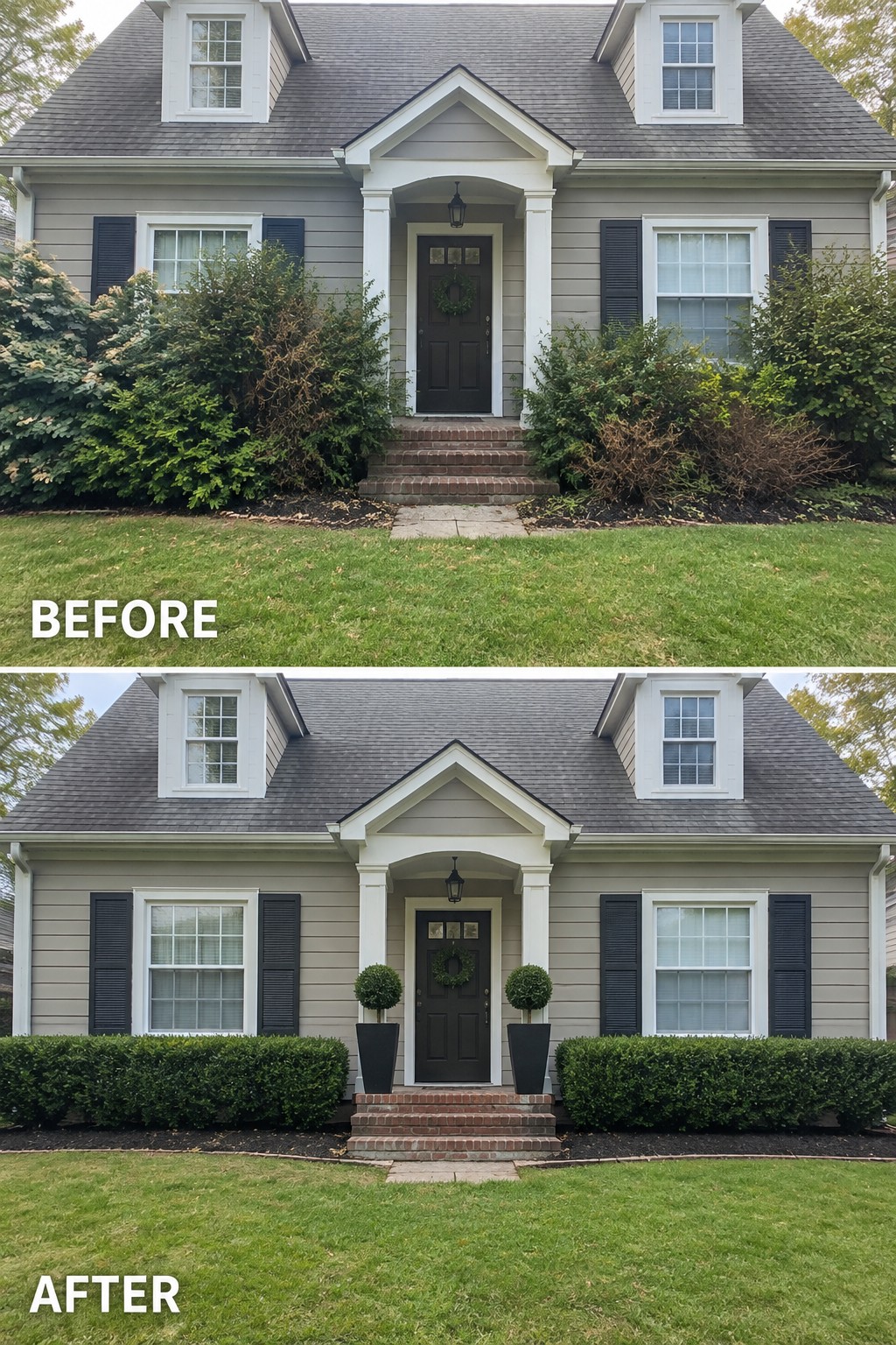 Before and after of gray house with overgrown shrubs replaced by neat hedges and topiaries.