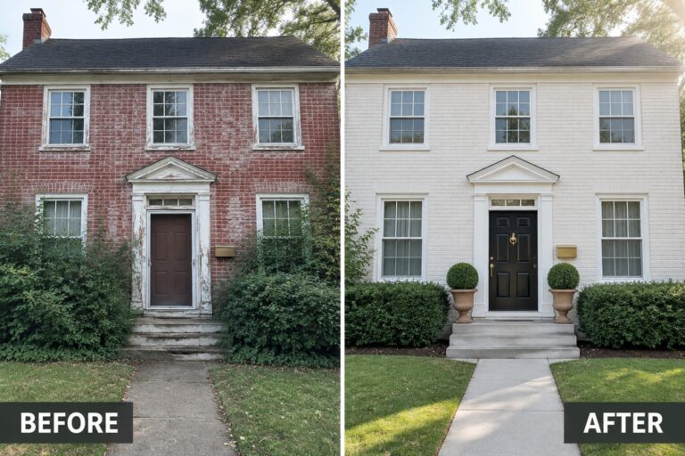 19 Classic Georgian Colonial Exterior Makeovers With Symmetrical Entry Details Before and after of red brick house painted white with trimmed landscaping.