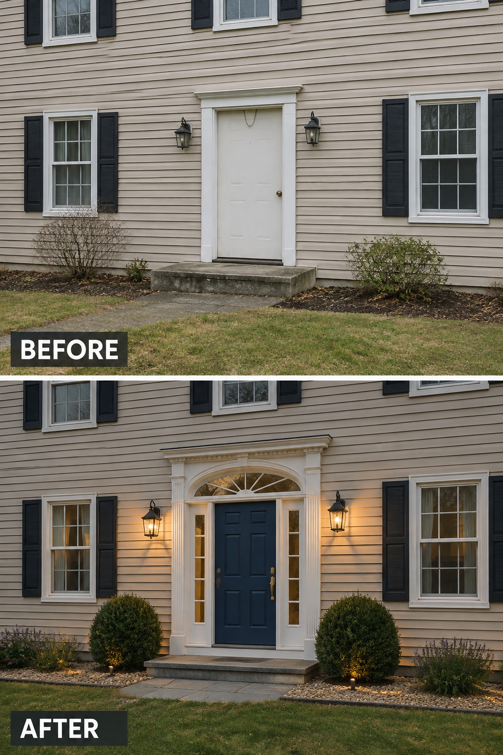 Before and after house entrance with new navy door, archway, and landscaping