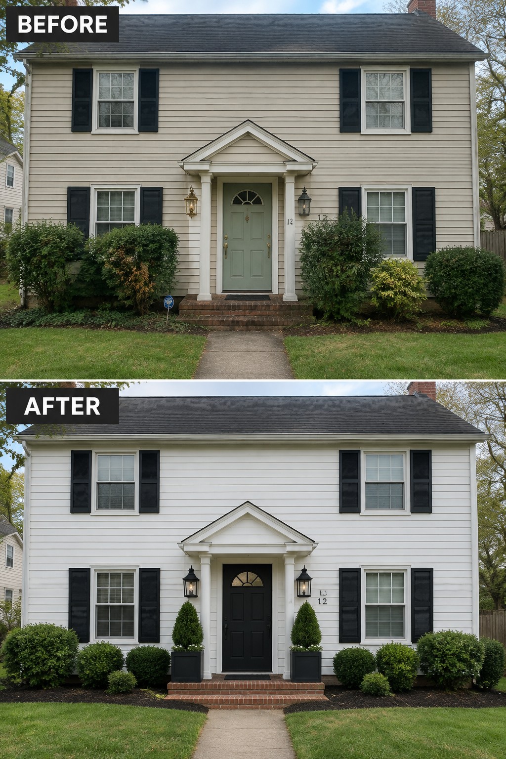 Before and after views of two-story house painted white with black door and updated landscaping.