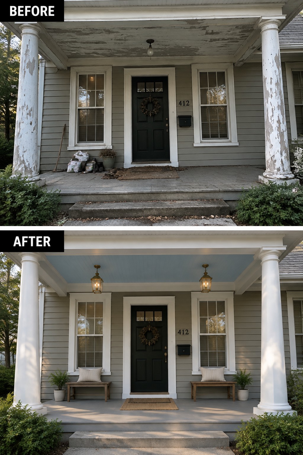 Before and after porch renovation with fresh paint, new lights, and benches