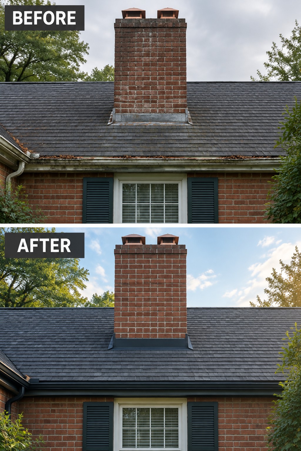 Before-and-after image of a brick house chimney with the base flashing changed from light metal to dark to blend with the roof shingles.