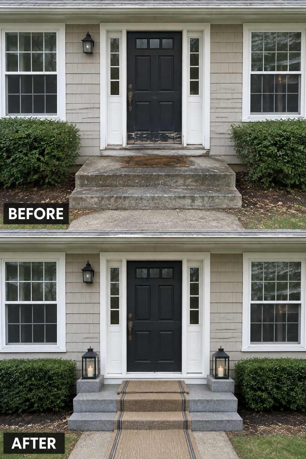 Before-and-after house entrance showing concrete steps replaced by stone with rug and lanterns