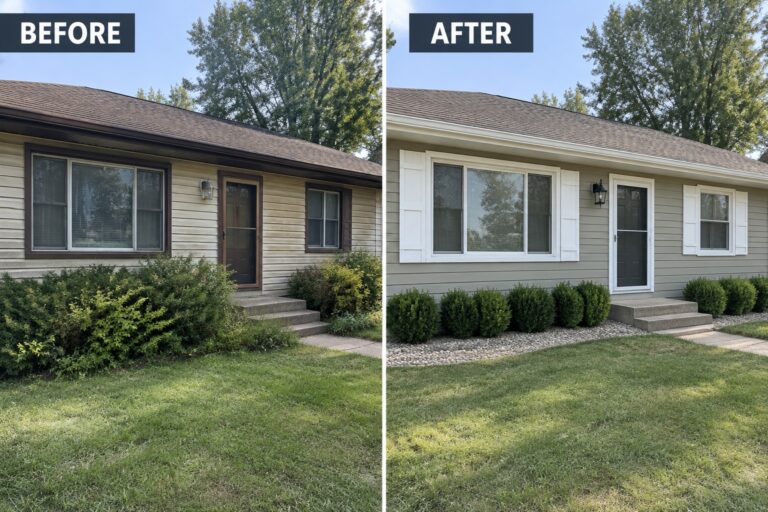 19 Elegant Siding Remodels Featuring Soft Neutrals and Bright White Trim Before-and-after image of a house exterior updated with new gray siding, white trim, shutters, and cleaner landscaping.