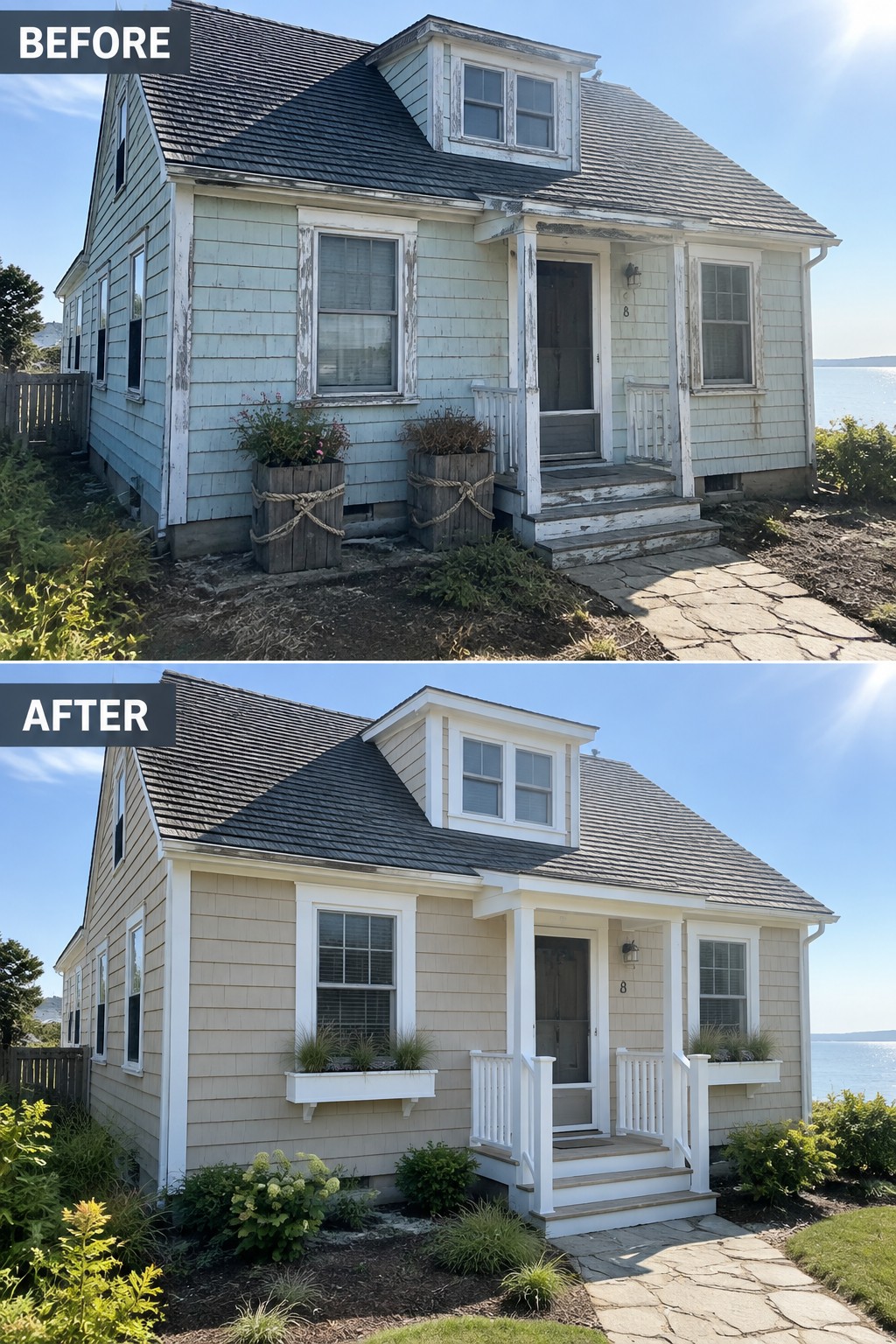 Before-and-after image of a house exterior repainted from light blue to a soft neutral beige with fresh white trim and updated planters.