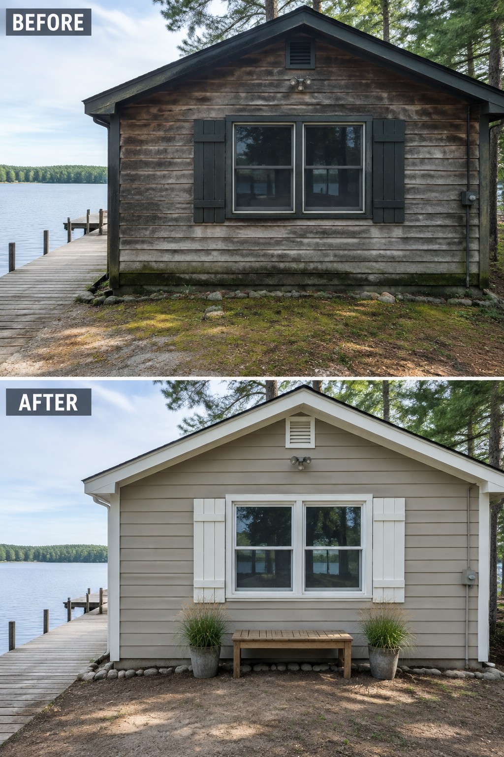 Before and after of lakeside cabin with new beige siding, white shutters, bench and plants.