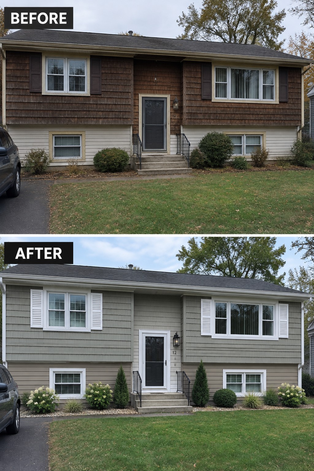 Before-and-after image of a two-story house exterior changed from dark brown siding to light gray siding with white trim and shutters.
