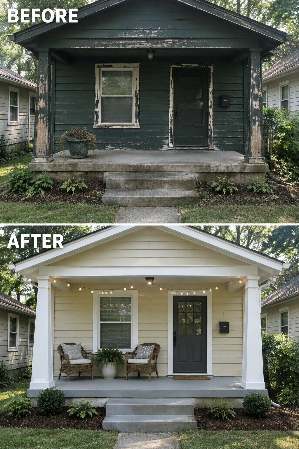 Before-and-after house exterior repainted from peeling green to yellow with updated white porch