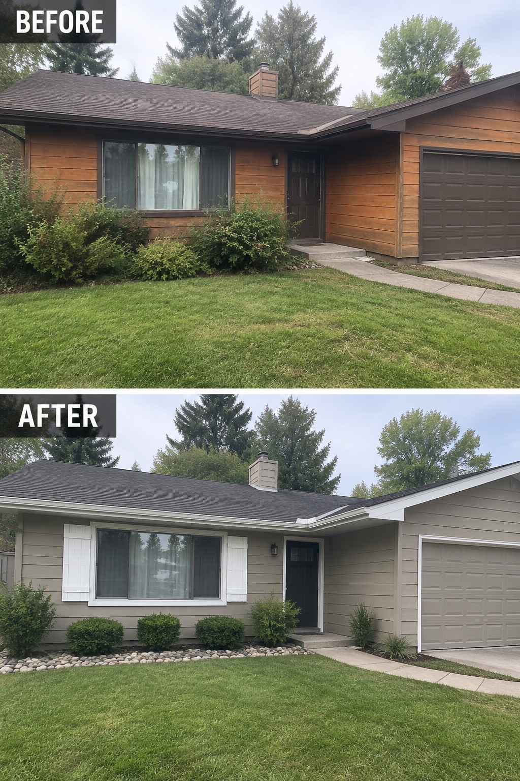 Before and after house exterior from brown wood to gray siding with white shutters.