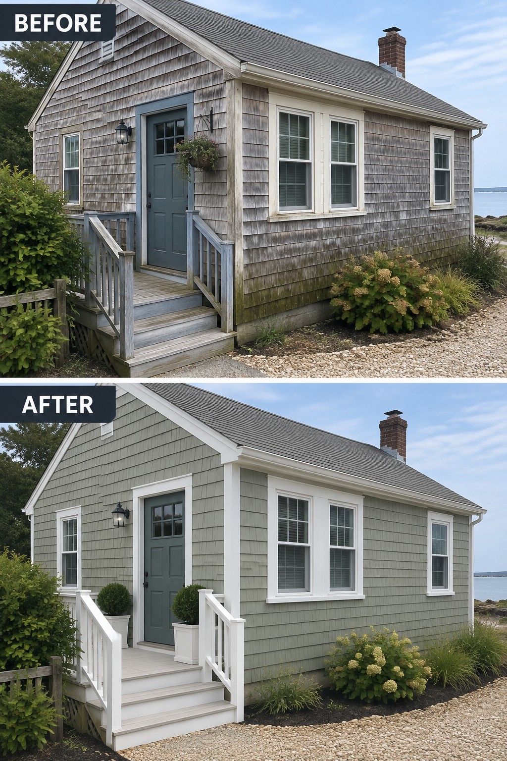 Before and after of weathered gray cottage repainted sage green with white trim and railings.
