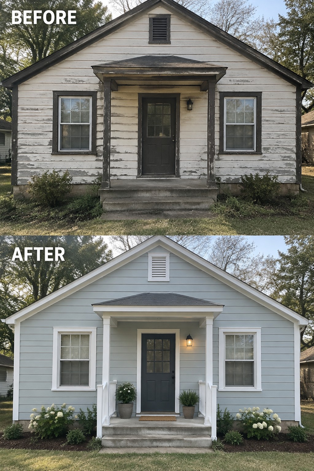Before-and-after image of a house exterior with peeling white siding updated to a soft blue-gray color and bright white trim added to the porch, windows, and gable.