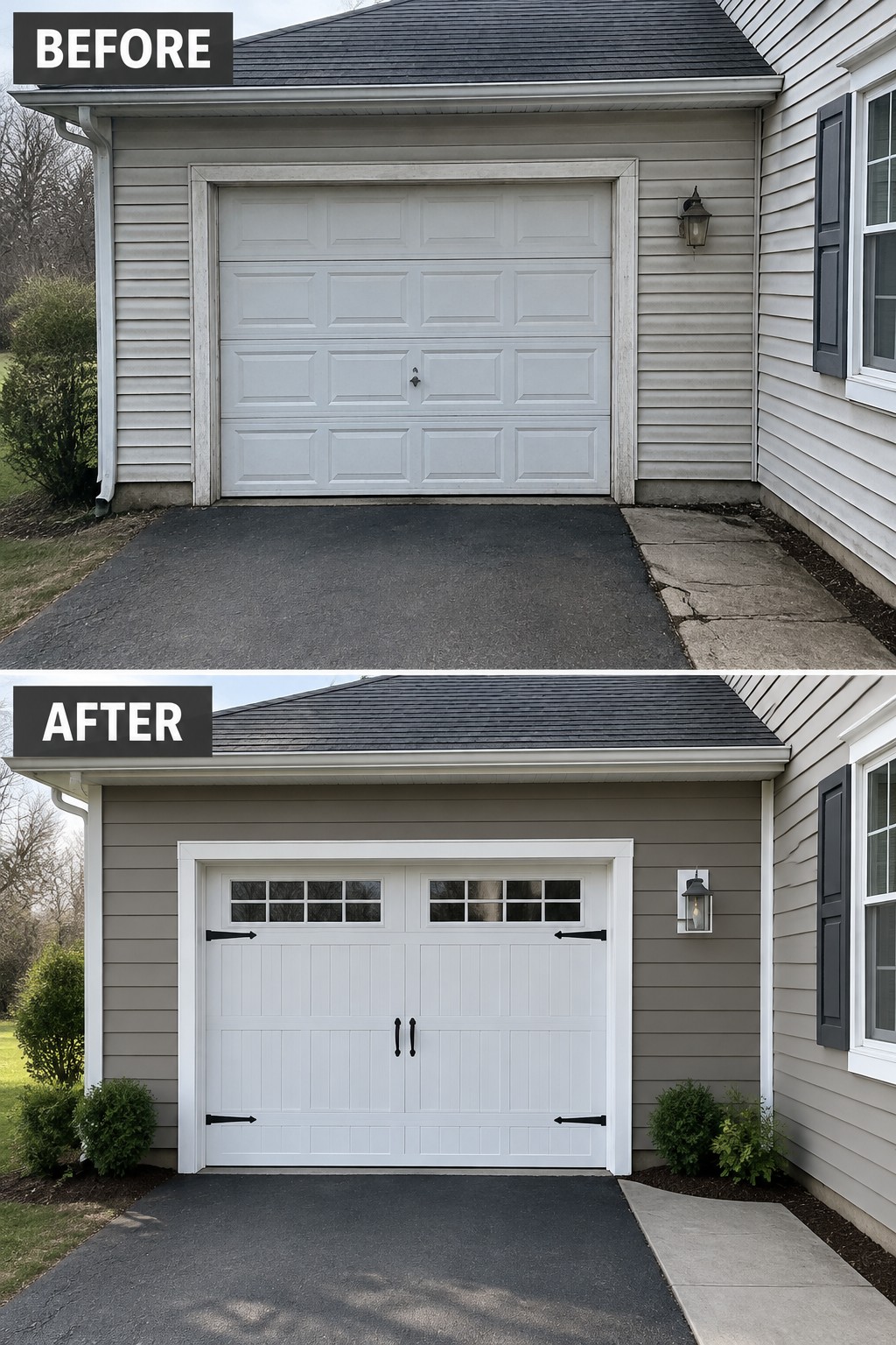 Before-and-after image of a house exterior with light siding and a plain garage door changed to deeper neutral siding, white trim, and an updated garage door with windows and black hardware.