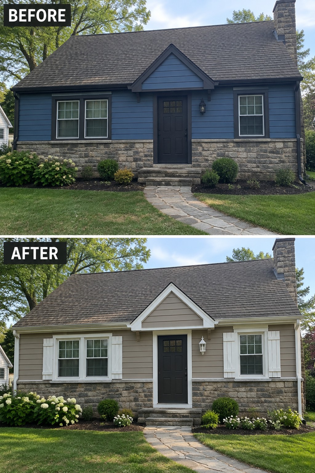 Before-and-after image of a house exterior changed from blue siding to soft neutral siding with bright white trim and shutters.