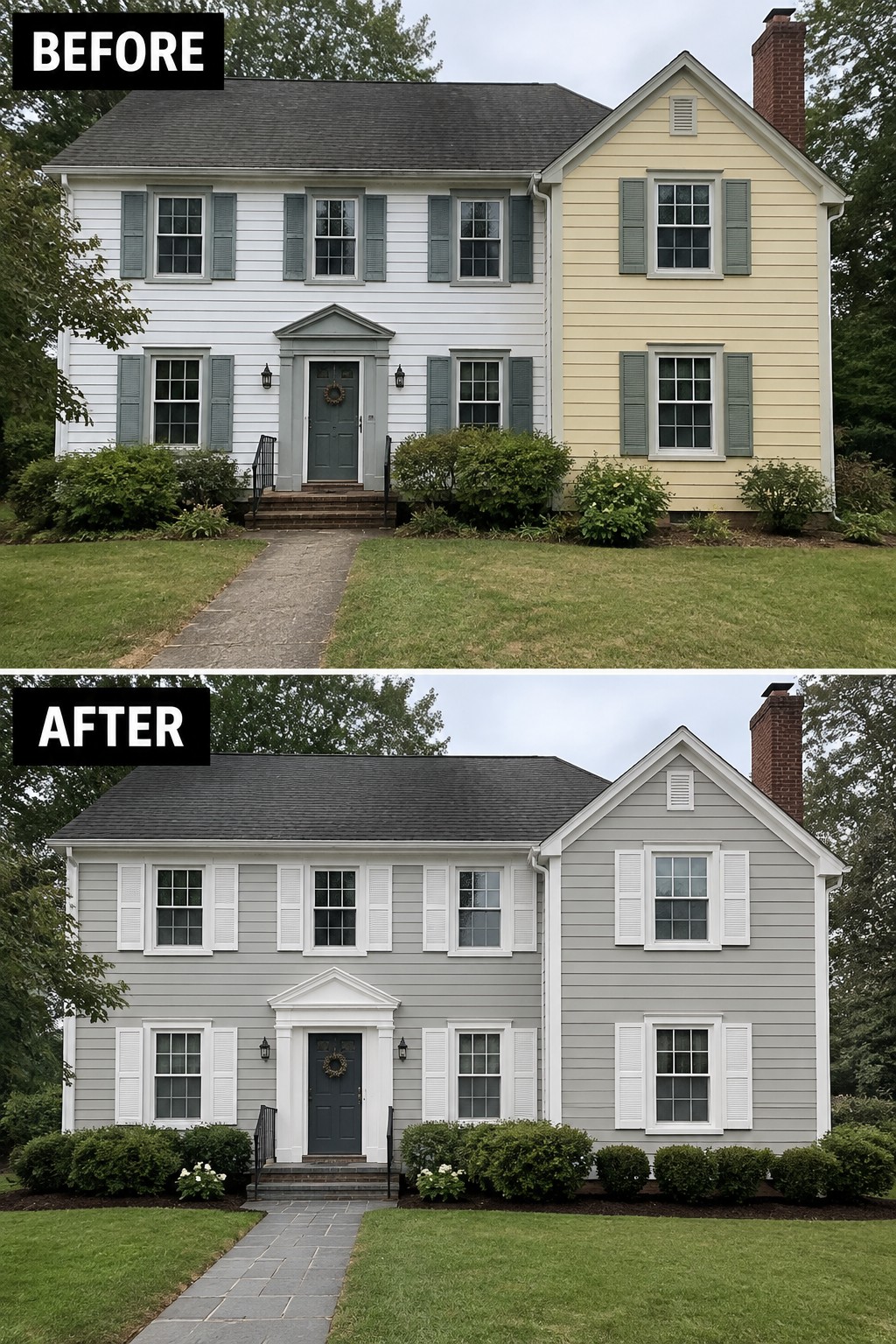 Before-and-after image of a house exterior changed from mismatched white and yellow siding with green shutters to unified gray siding with white trim and shutters.