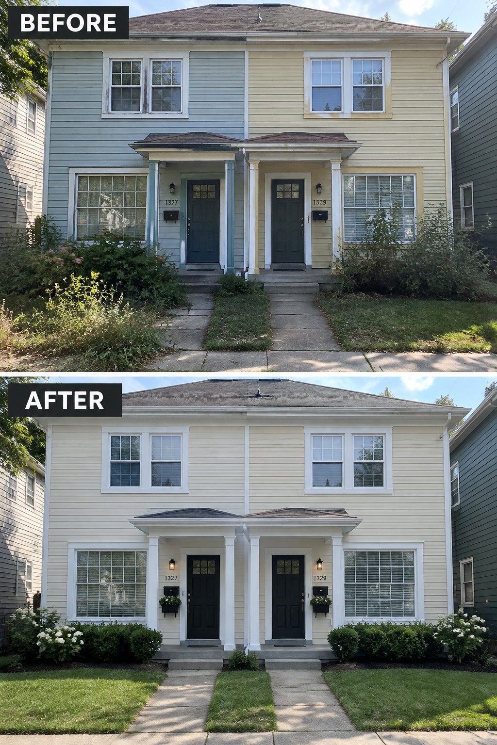 Before and after of a duplex repainted uniform cream with updated porch and landscaping