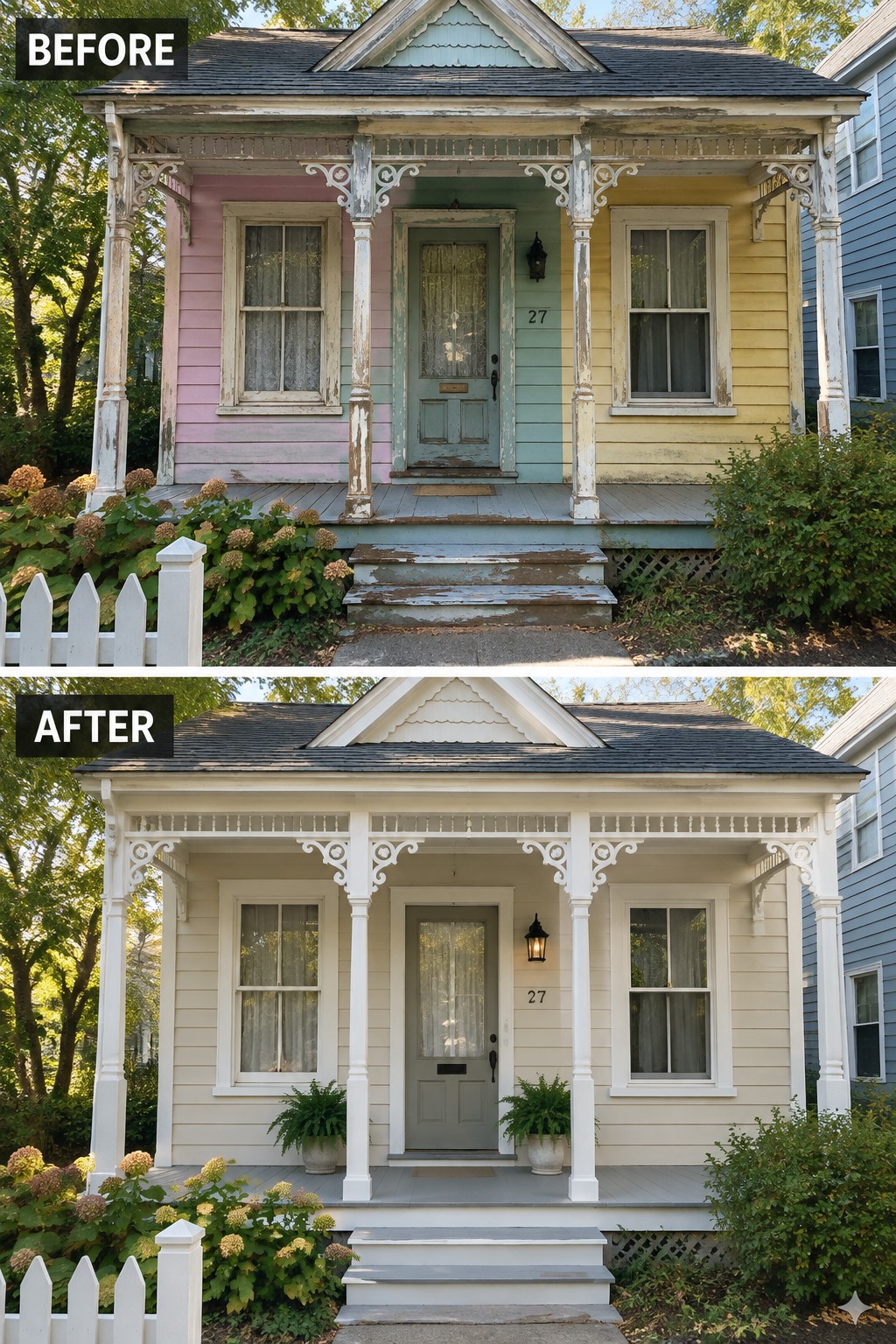 Before-and-after image of a multicolored peeling house exterior repainted in soft neutral siding with bright white trim and added planters.