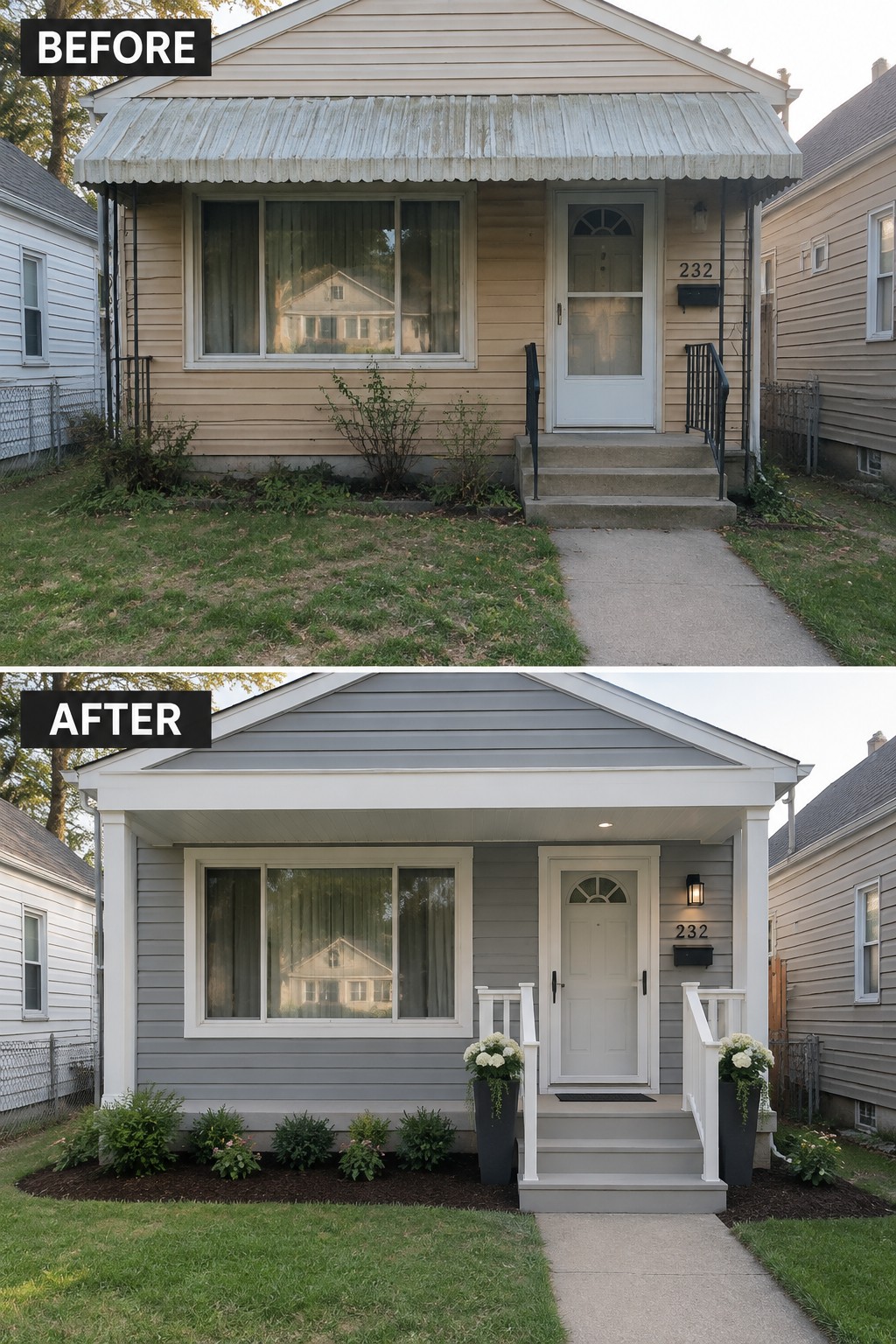 Before-and-after image of a house exterior changed from beige siding with a worn metal awning to soft gray siding with white trim and a new covered porch.
