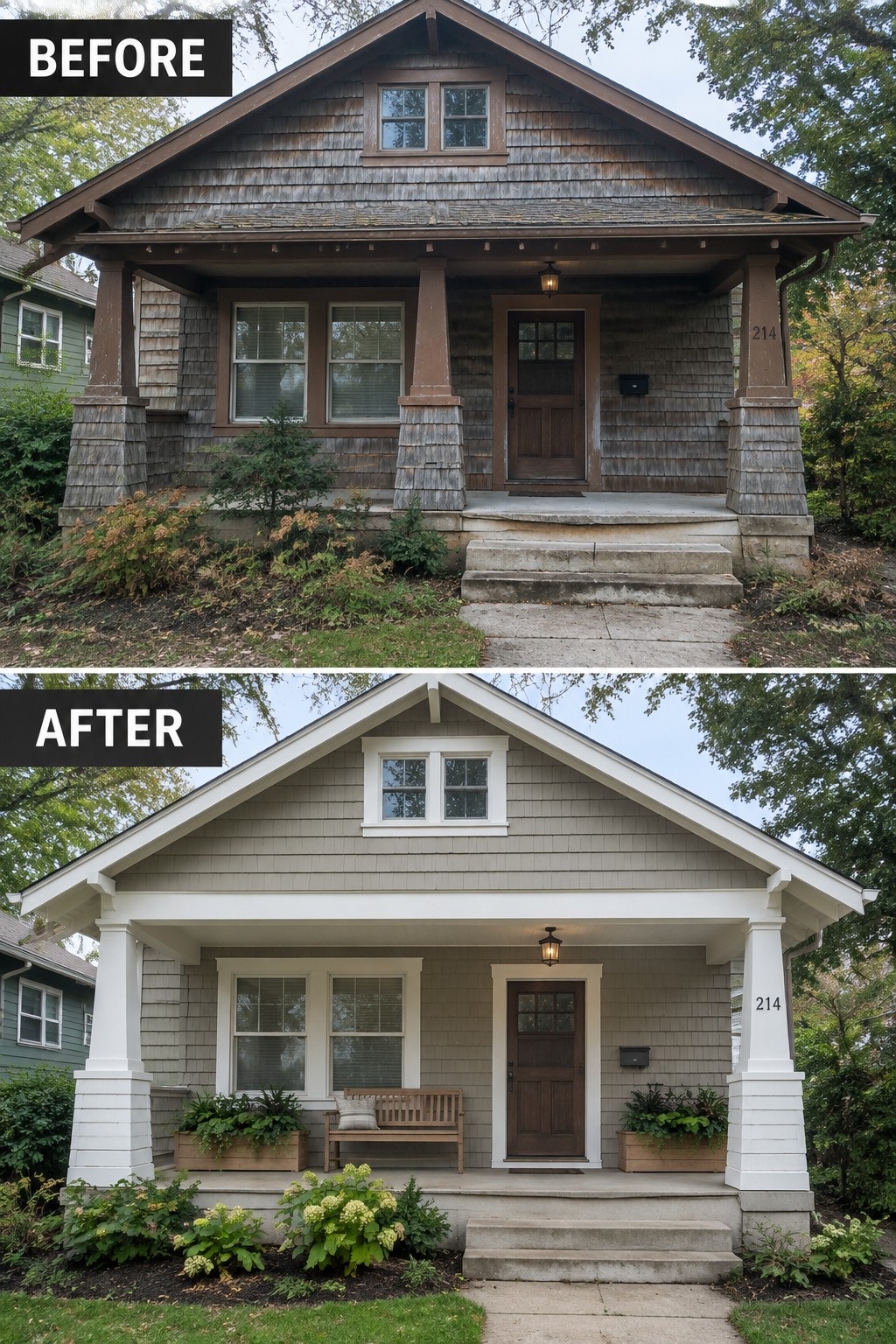 Before and after of a house exterior repainted gray with new porch bench and planters