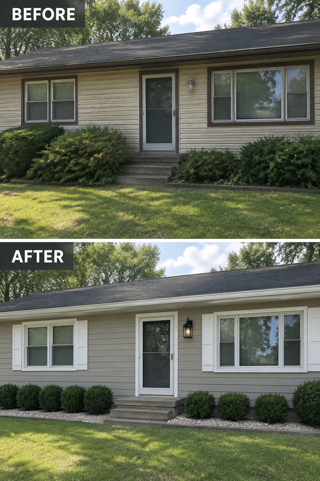 Before-and-after image of a house exterior updated with new gray siding, white trim, shutters, and cleaner landscaping.
