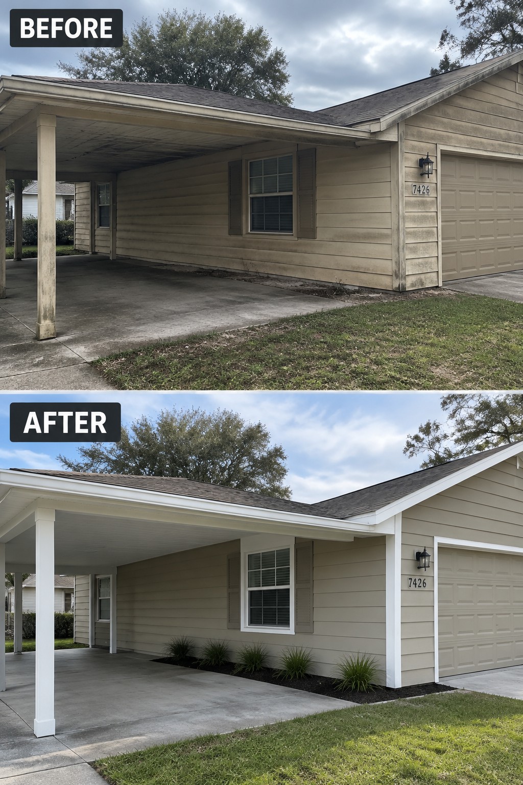 Beige house before and after with white carport pillars and added landscaping.