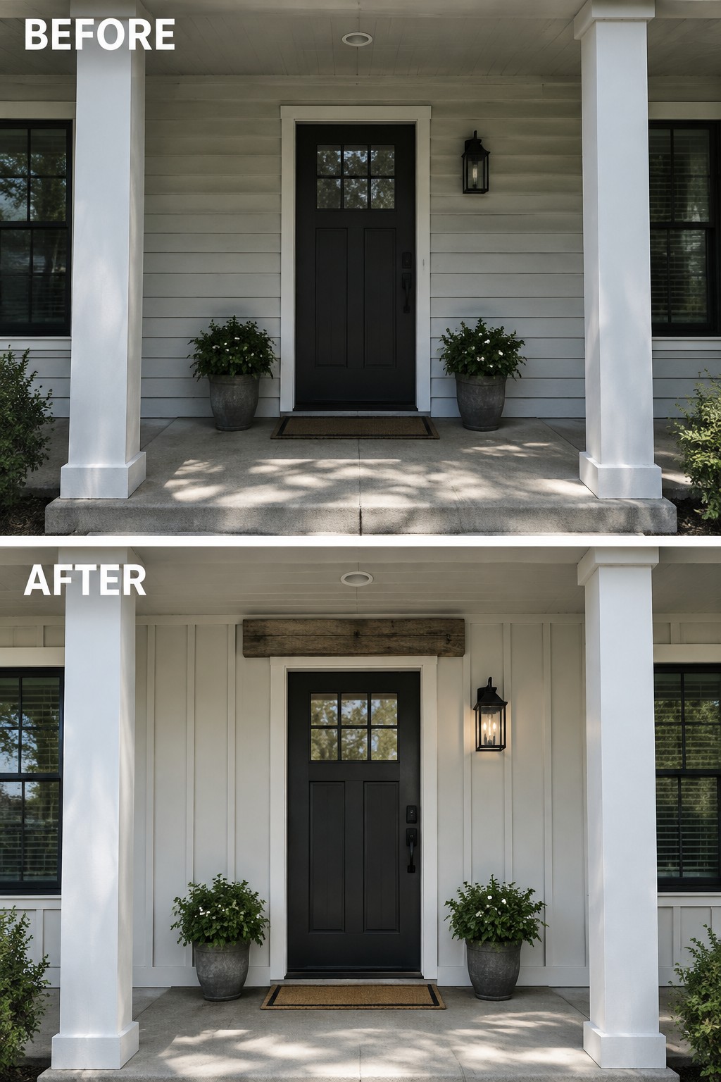 Before-and-after image of a front porch updated with a horizontal wood accent beam above the door.