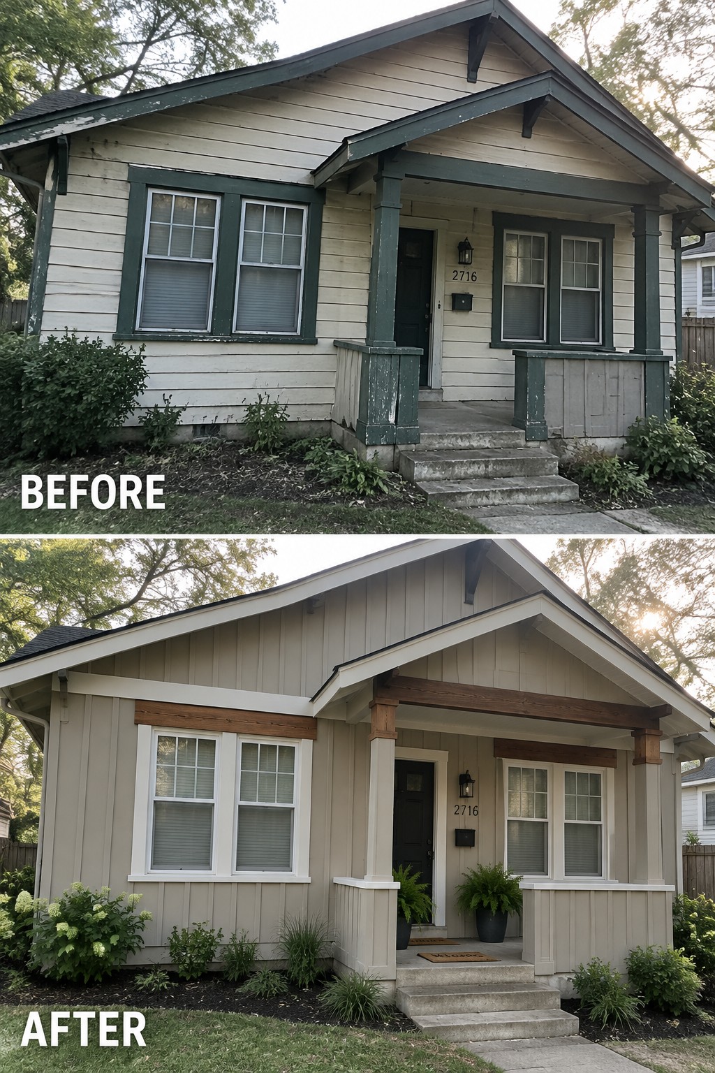 Before and after house exterior with fresh beige siding, wood trim, and updated porch.